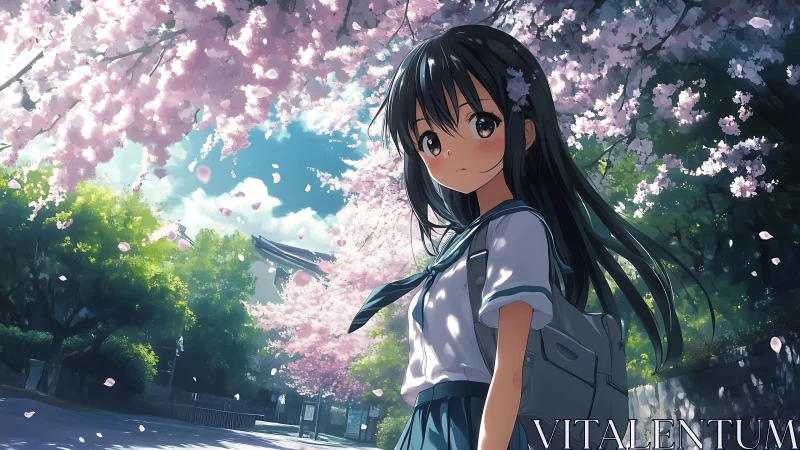 Gentle schoolgirl strolls beneath glowing cherry blossoms