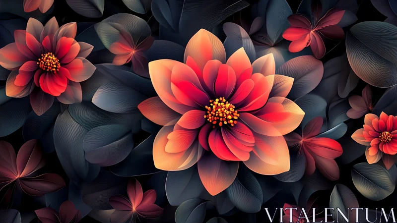 Layered floral composition with gradient-rendered blooms on dark background.