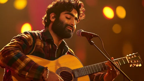 Male guitarist performing on stage under warm lighting.