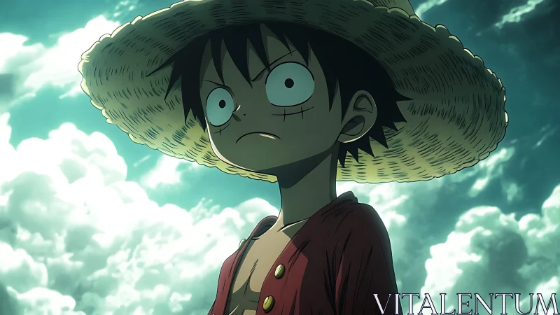 Anime straw-hat hero under dramatic cloudlit sky composition.