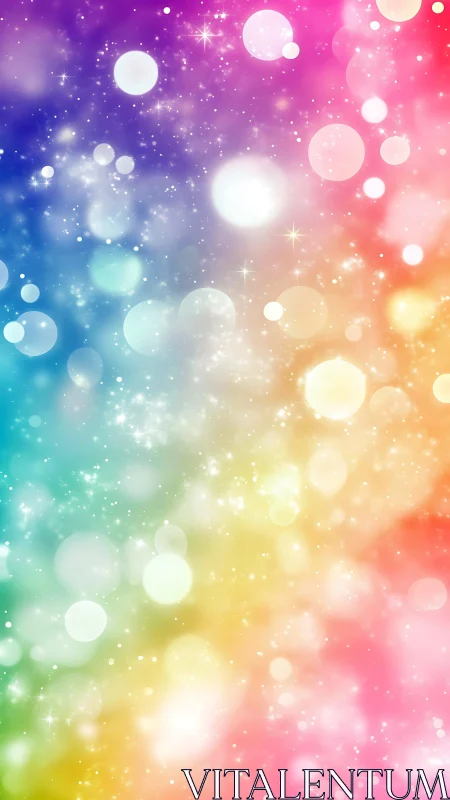 Iridescent rainbow bokeh field with sparkling light orbs.