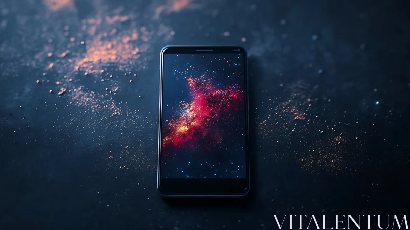 Smartphone lies on dark surface displaying nebula image