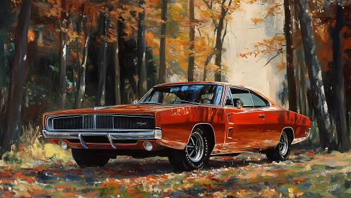 Vintage muscle car rendered in expressive autumn oil strokes
