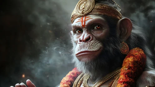 Regal monkey deity gazes calmly with radiant ornaments