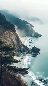 Misty pine cliffs embrace a dreaming turquoise shoreline.