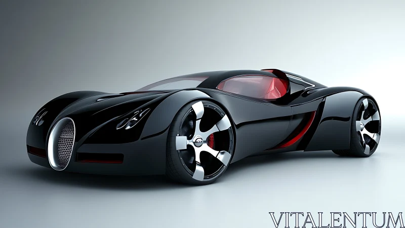 Low-slung black hypercar concept with red cockpit and chrome wheels