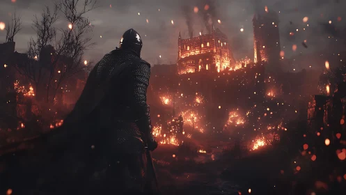 Armored knight watches burning fortress under ember storm.