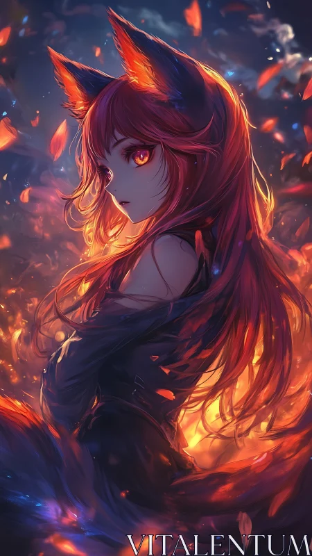 Fox-eared anime sorceress turns amid fiery bokeh embers