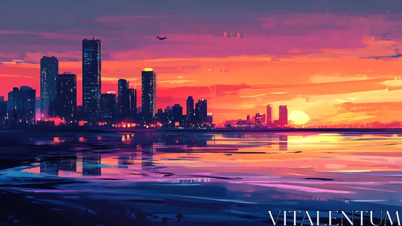 Neon dusk skyline mirrored across glowing harbor waters.