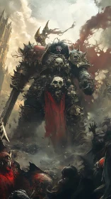 Skull-throned warlord strides through storm of fallen foes.