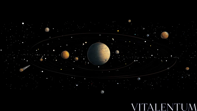Stylized planetary system orbits through a star filled cosmos.
