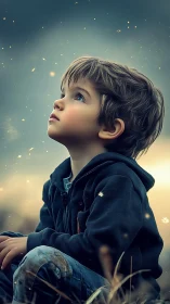 Child of starlit daydreams gazing into a glowing sky.