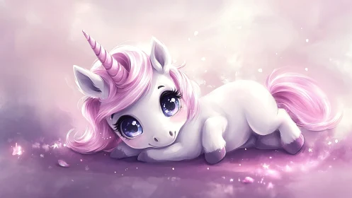 Pastel baby unicorn rests on glowing stardust ground