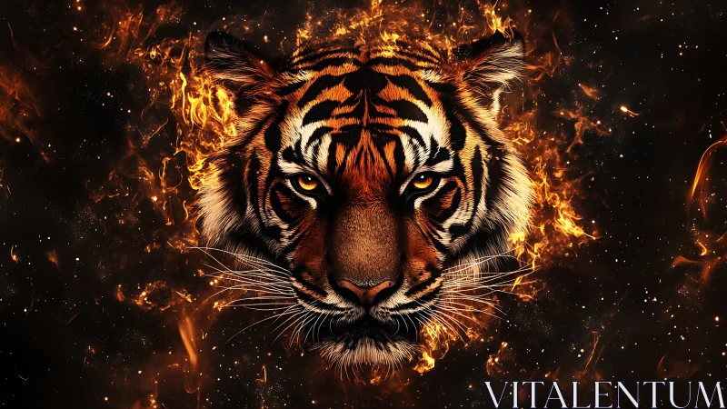 Tiger head is rendered frontally amid stylized digital flames