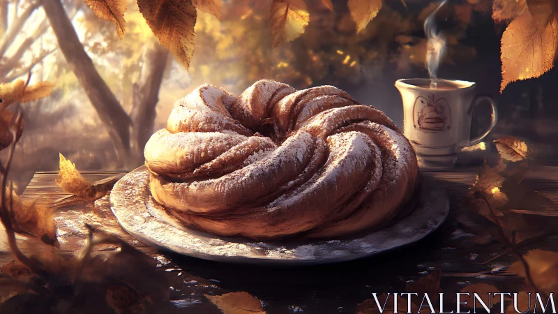 Pastry with Powdered Sugar and Ceramic Cup in Autumn Setting