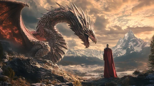 Armored red dragon confronts cloaked figure on alpine ridge at dusk