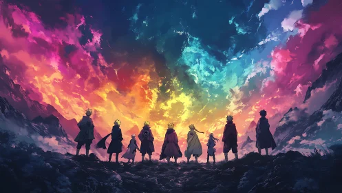 Silhouetted figures stand before multicolored clouded sky