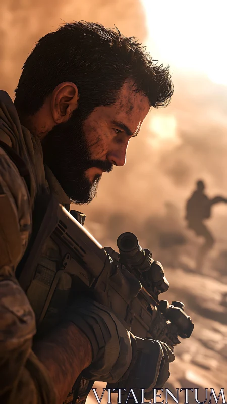 Battle-hardened soldier steadies rifle in desert firefight