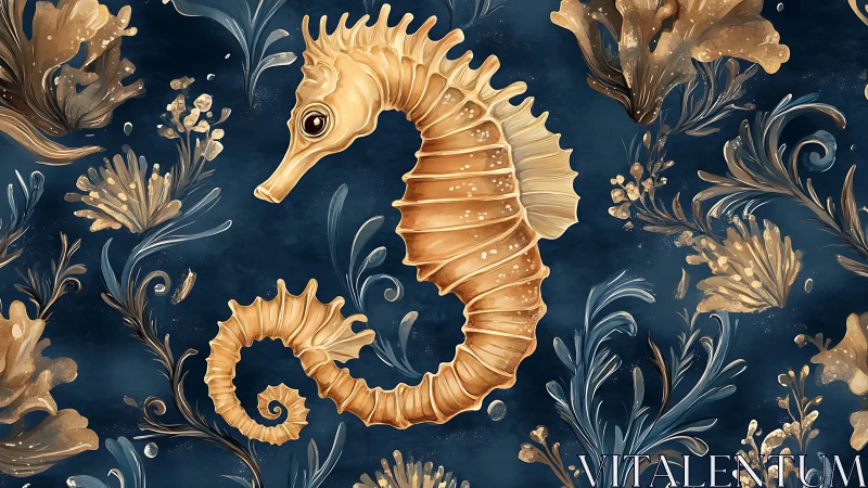 Seahorse illustration with stylized sea plants on dark field.