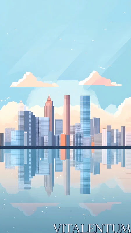 Minimalist skyline reflection renders calm geometric cityscape