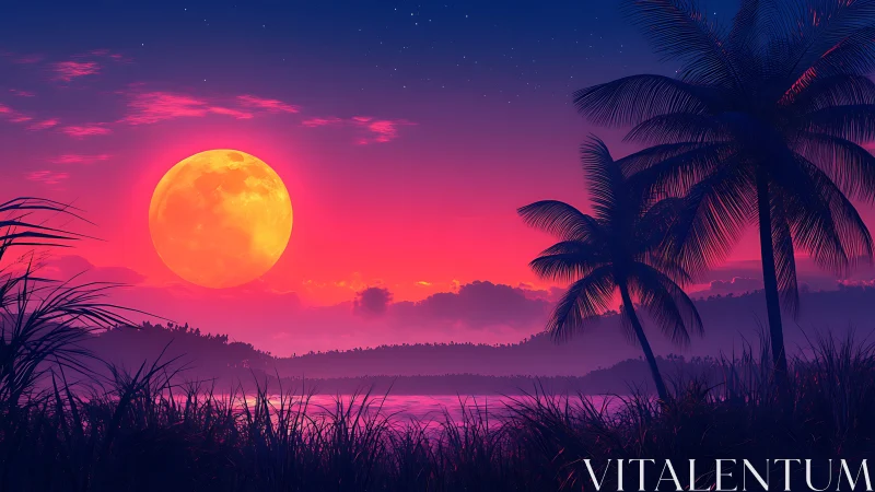 Neon moonrise serenades tropical silhouettes in dreamglow.