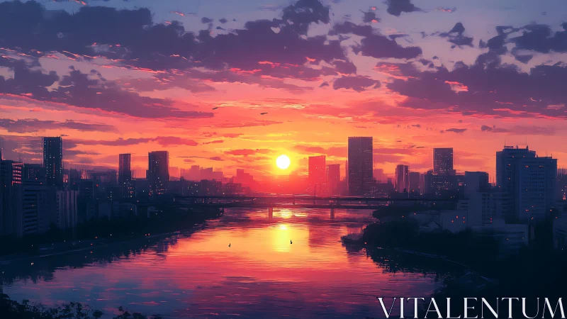 Urban river skyline with sunset over reflective water surface.