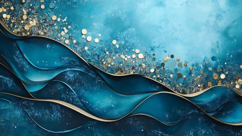 Layered teal wave bands with metallic gold particulate accents