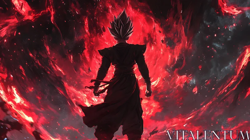 Backlit warrior silhouette against swirling red energy vortex