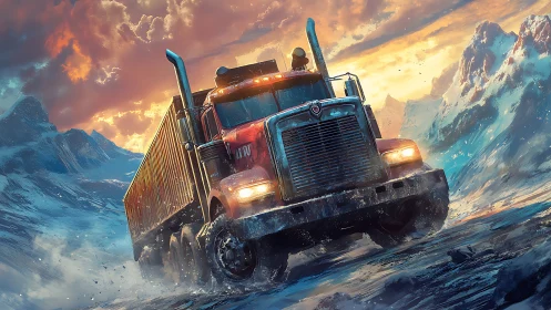 Articulated freight truck traversing icy alpine corridor.