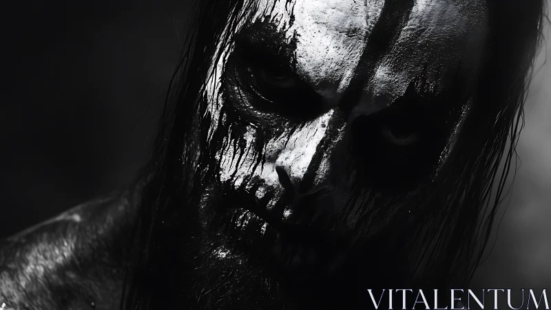 Monochrome portrait with streaked skeletal face paint.