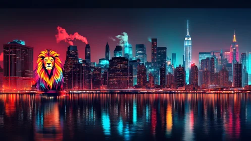 Neon lion dominates futuristic skyline over reflective bay