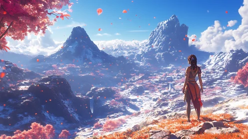 Solitary figure surveys volumetric-lit alpine valley in bloom