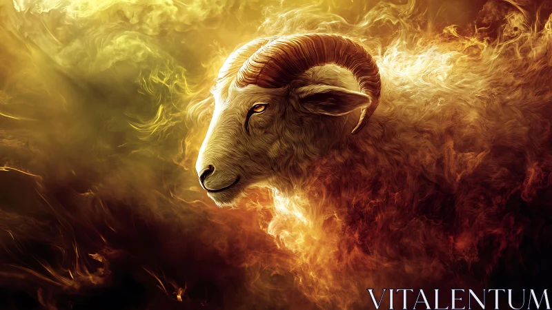 Solar ram ascending through emberstorm clouds of mythic fire.