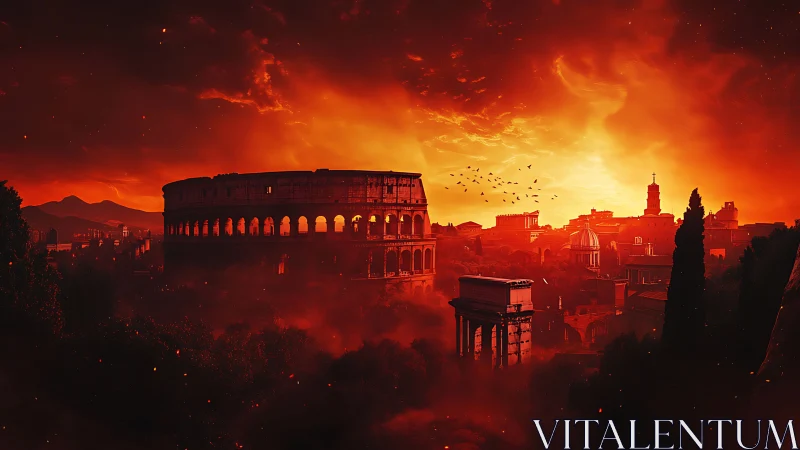 Colosseum aglow in apocalyptic ember dusk above Rome.