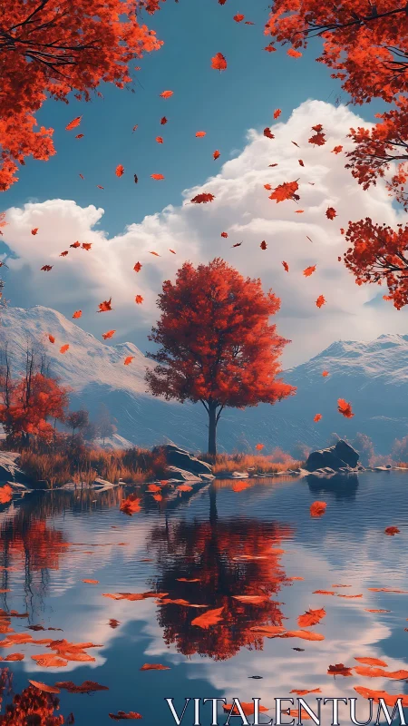 Solitary red tree by calm lake with scattered autumn leaves.