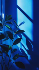 Indoor plant silhouette with strong blue window light.