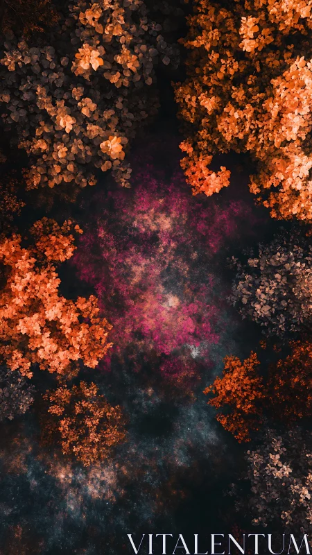 Overhead view of vivid autumn forest canopy in rich color