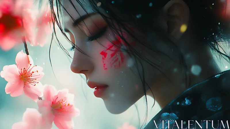 Profile view shows woman near blossoms in soft focus