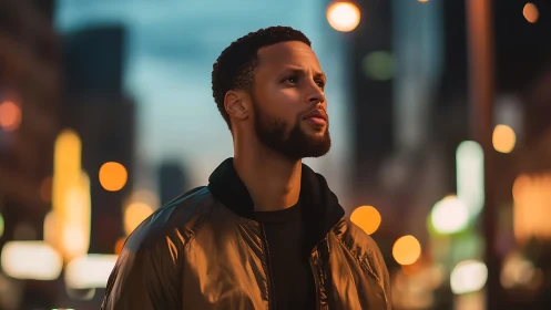 Man walks through blurred city lights during blue hour