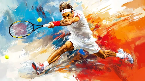 Dynamic tennis player in mid-air forehand against bold color