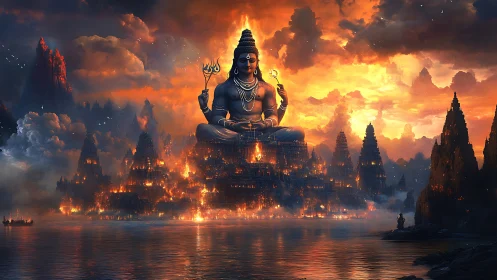 Colossal divine statue over burning temple city at dusk.
