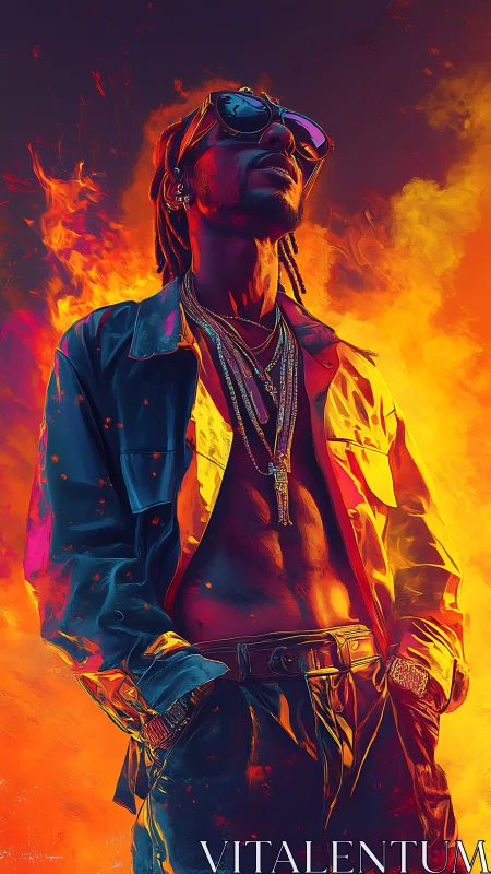 Stylized urban portrait in infernal neon flame lighting