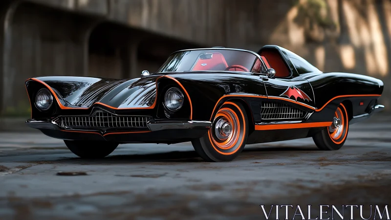 Retro black roadster with orange trim under soft daylight.