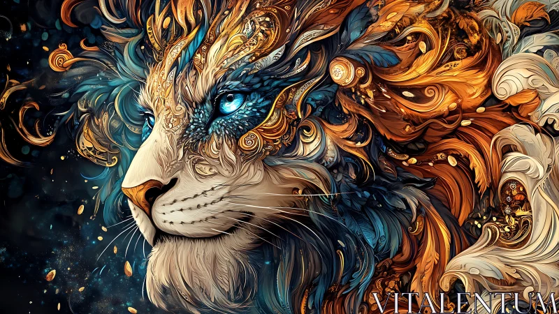 Baroque fractal lion portrait with luminous cyan eyes