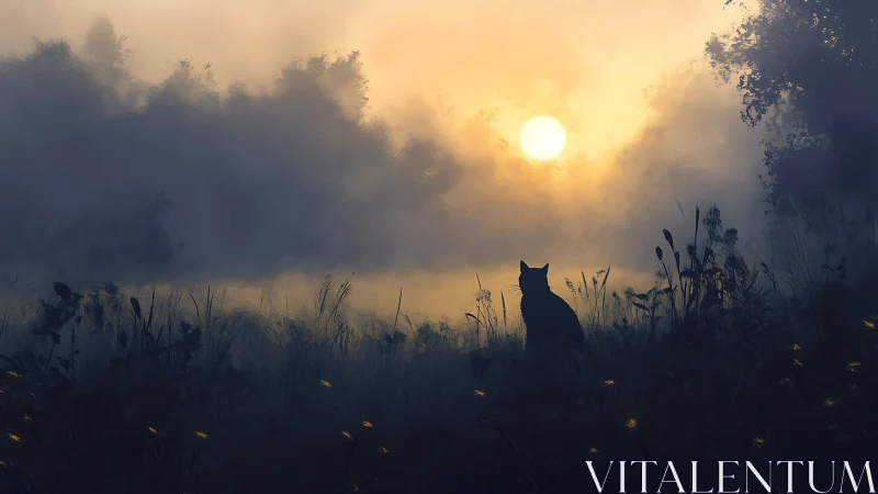 Quiet meadow sunrise with a curious cat silhouette.