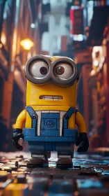 Toy-like yellow robot in rainy neon city alley at night.