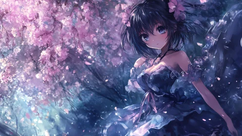 Midnight petals and soft starlight around a quiet dreamer.