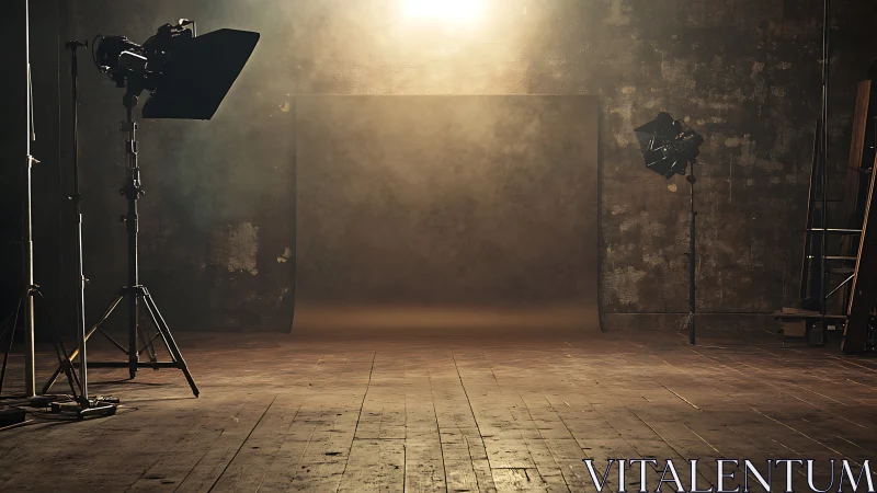 Empty vintage photo studio waits under warm spotlight