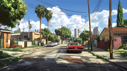 Sunlit suburban street with classic red car and skyline backdrop.