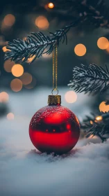 Red ornament on snowy branch with blurred winter lights.